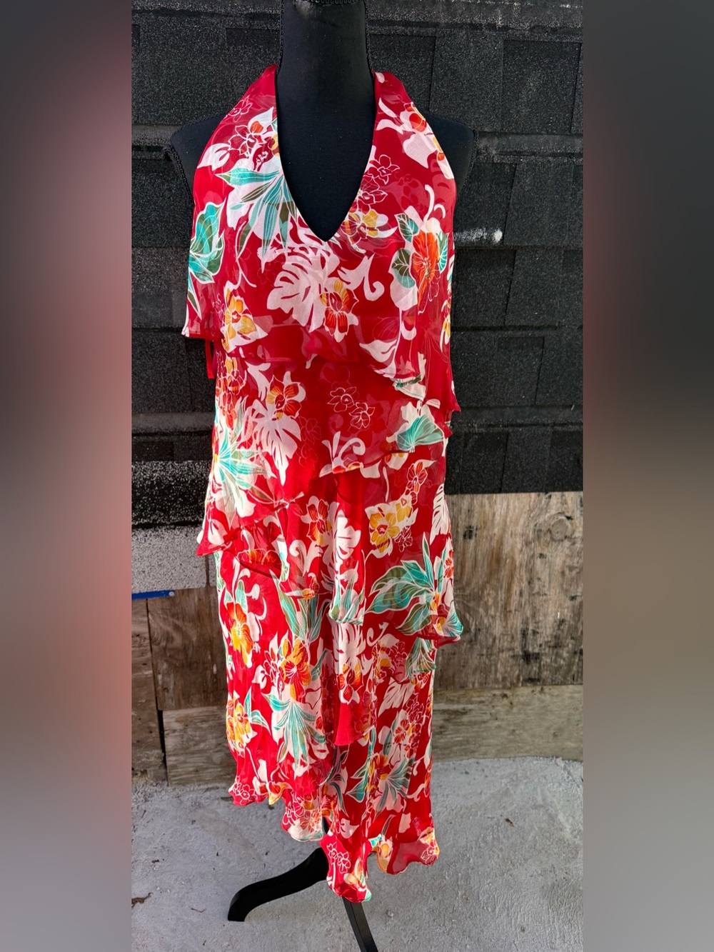 Ice Red Floral Halter Silk Dress